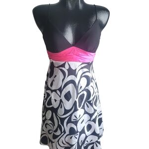 Le Chateau Black and White Spaghetti Strap Dress with Pink Sash XS